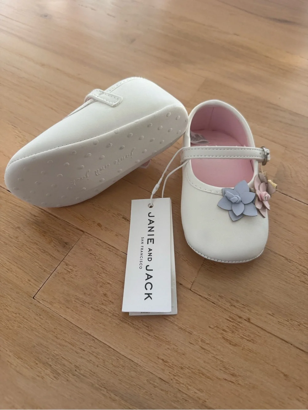 Janie and Jack White Mary Jane Shoes with Pastel Yellow, Pink & Blue Flowers
